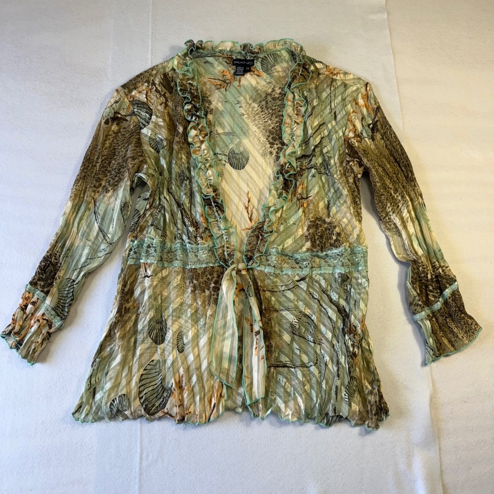 Piano Y2K Womens Vintage Medium Seashell Print Ruffle Tie Front Cardigan Top